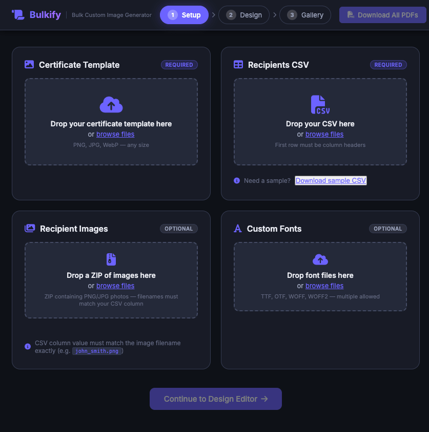 Bulkify setup screen